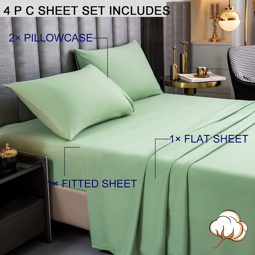 Bedlifes King Sheets cotton-100% Cotton Sheets Luxury Series Bed Sheet Set-Super Soft Breathable Silky Smooth,16 Deep Pocket-4 Pieces(King Light Green)