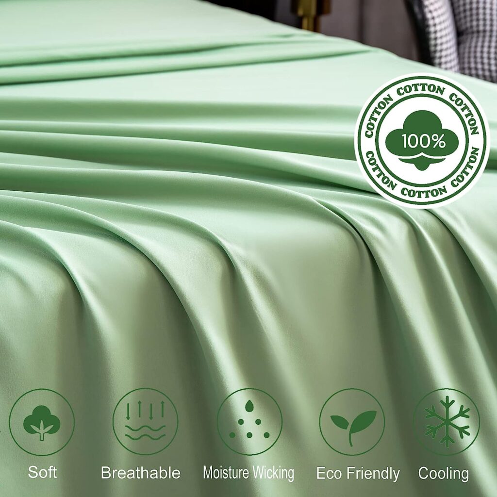 Bedlifes King Sheets cotton-100% Cotton Sheets Luxury Series Bed Sheet Set-Super Soft Breathable Silky Smooth,16 Deep Pocket-4 Pieces(King Light Green)