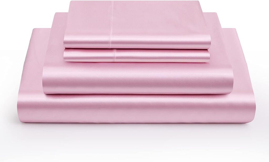 Vonty Satin Sheets Twin Silky Soft Satin Bed Sheets Pink Satin Sheet Set, 1 Deep Pocket Fitted Sheet + 1 Flat Sheet + 1 Pillowcases