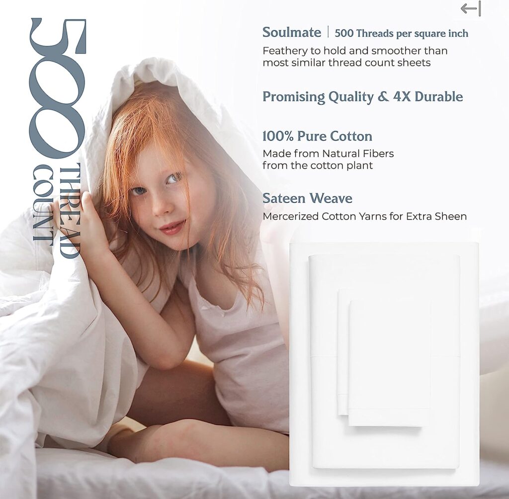 500 Thread Count 100% Cotton Sheet White Full Sheets Set, 4-Piece Long-Staple Combed Pure Cotton Best Sheets for Bed, Breathable, Soft  Silky Sateen Weave Fits Mattress Upto 18 Deep Pocket