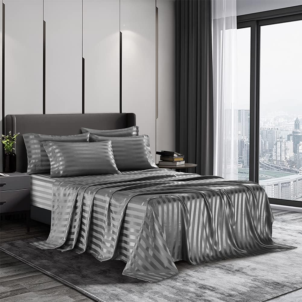 AiMay 6 Piece Satin Italian Style Bed Sheet Set Deep Pocket Stripes 1800 Luxury Rich Silk 1 Flat Sheet 1 Fitted Sheet 4 Envelope Pillowcases Stain-Resistant Wrinkle Free (Queen,Grey)