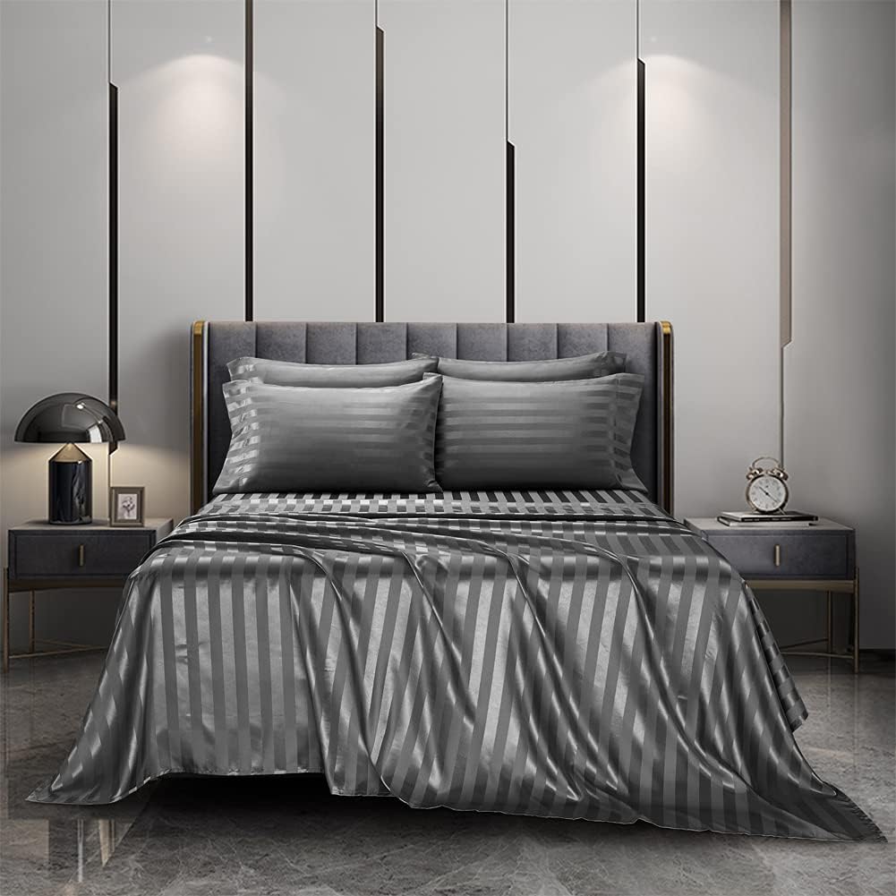 AiMay 6 Piece Satin Italian Style Bed Sheet Set Deep Pocket Stripes 1800 Luxury Rich Silk 1 Flat Sheet 1 Fitted Sheet 4 Envelope Pillowcases Stain-Resistant Wrinkle Free (Queen,Grey)