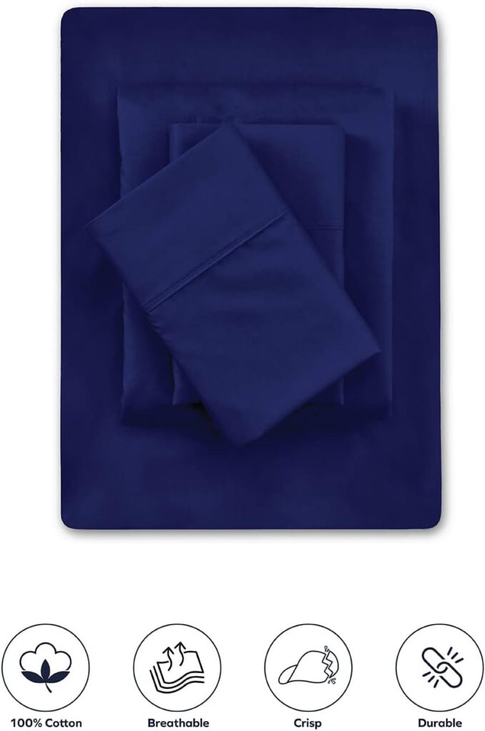 Boston Linen Co. 100% Cotton Percale Sheets Full, 4-Piece Hotel Quality Luxury Bedding Set, Soft  Crisp, Sustainable Finishing, Fits Upto 15â Deep Pocket Mattress (Blue, Full)