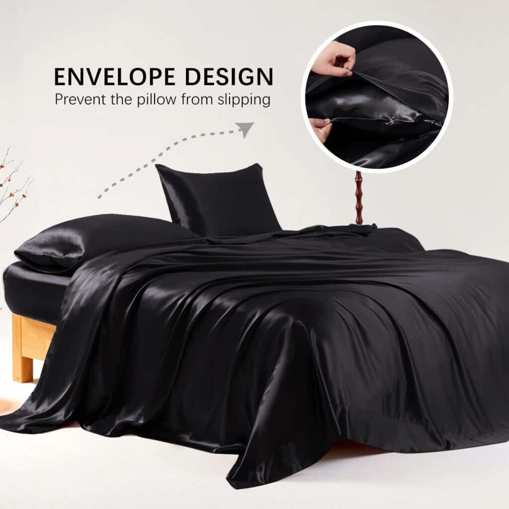 Candoury Satin Sheets Full Size Bed Sheets Set 4 Pcs, Soft and Durable Pillowcase, Flat Sheet and Fitted Sheet, Hotel Luxury Silky Satin Sheets Set (Full, Black)