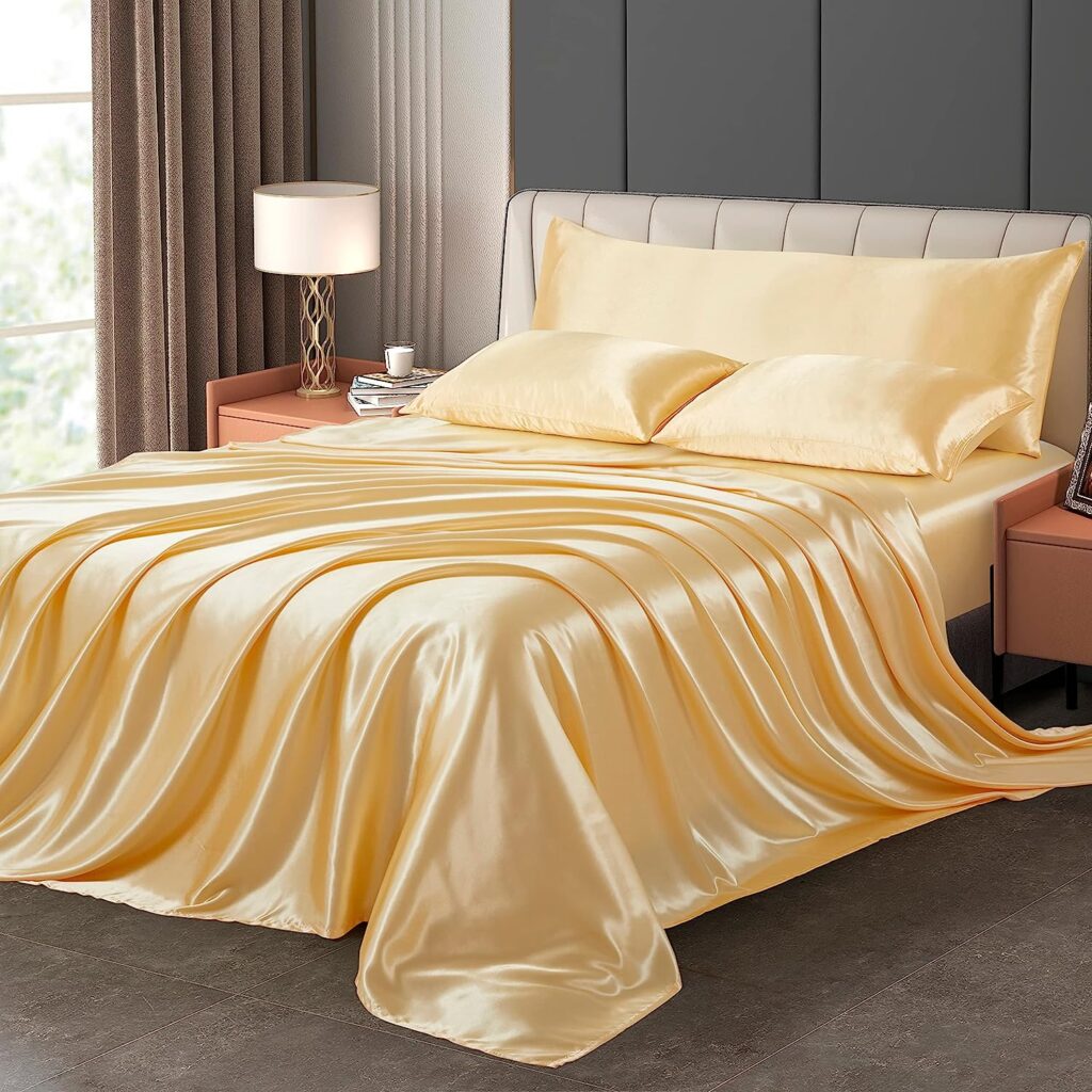 DengChao 5PCS Queen Size Satin Sheets Set Silky Sheets Gold Soft Satin Pillowcase Wrinkle-Free Breathable Sheet Set Fitted Sheet 15 Deep Pocket, Satin Flat Sheet  3 Pillowcases