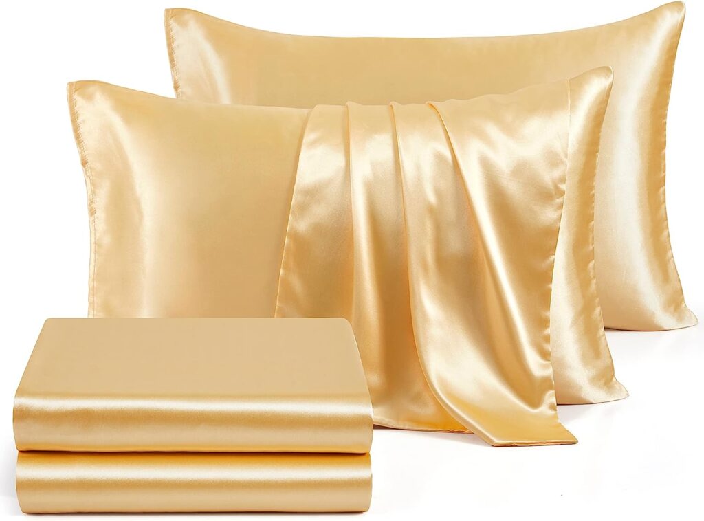 DengChao 5PCS Queen Size Satin Sheets Set Silky Sheets Gold Soft Satin Pillowcase Wrinkle-Free Breathable Sheet Set Fitted Sheet 15 Deep Pocket, Satin Flat Sheet  3 Pillowcases