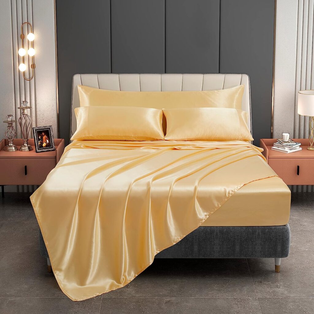 DengChao 5PCS Queen Size Satin Sheets Set Silky Sheets Gold Soft Satin Pillowcase Wrinkle-Free Breathable Sheet Set Fitted Sheet 15 Deep Pocket, Satin Flat Sheet  3 Pillowcases