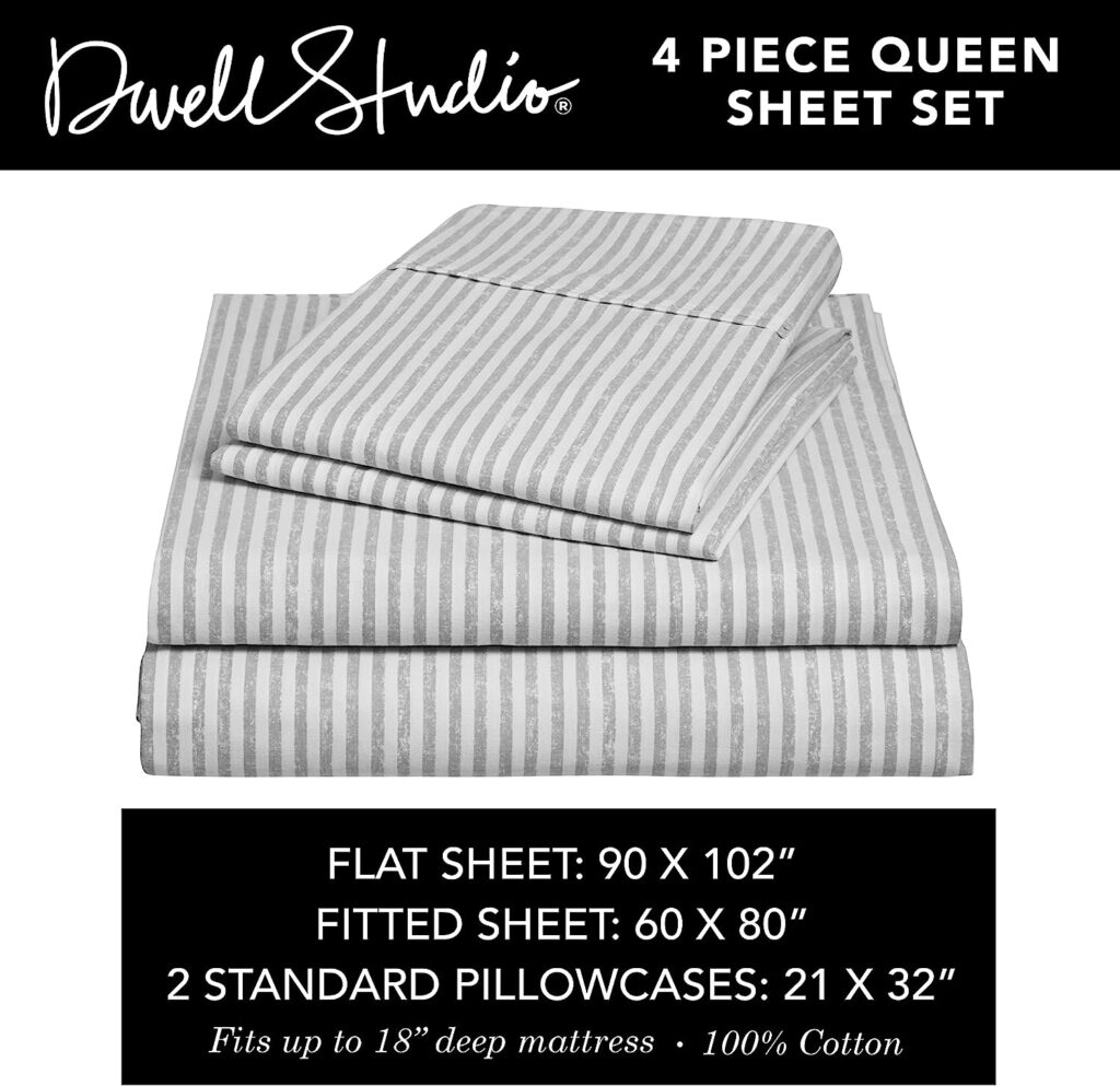 Dwell Studio 100% Cotton Percale Sheet Set - Deep Pocket, 4 Piece - 1 Flat, 1 Deep Pocket Fitted Sheet and 2 Pillowcases, Crisp Cool and Strong Bed Linen