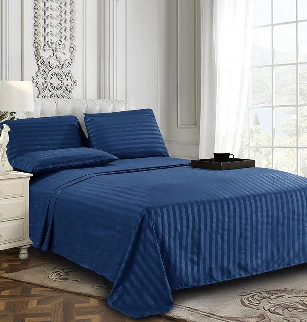 Elegant Comfort Softest and Coziest 6-Piece Sheet Set - 1500 Thread Count Egyptian Quality Luxurious Wrinkle Resistant 6-Piece DAMASK Stripe Bed Sheet Set, Queen Navy, Navy Blue