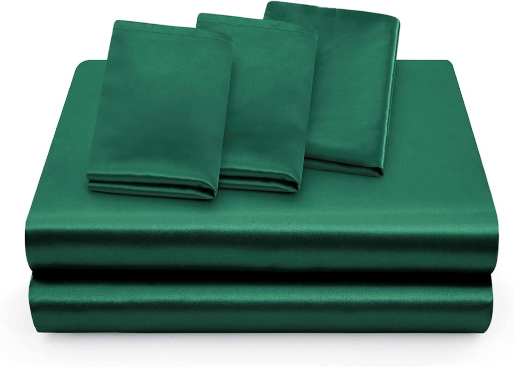 Entisn 5Pcs Silky Satin Sheets Set, King Size Satin Bed Sheets Set, Blackish Green Luxury Bedding Sets, Breathable  Ultra Soft Sheets Set Includes 1 Fitted Sheet, 1 Flat Sheet, 3 Pillowcases