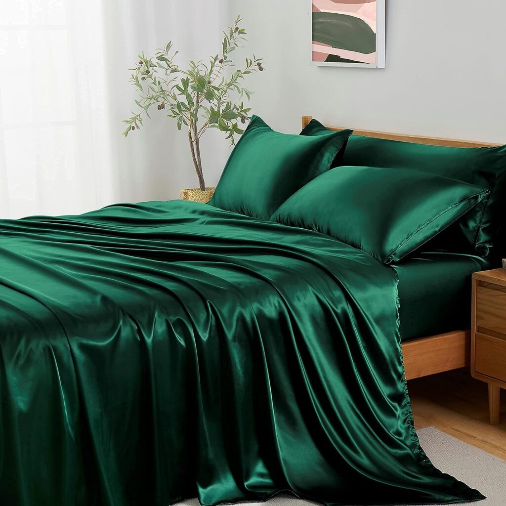 Entisn 5Pcs Silky Satin Sheets Set, King Size Satin Bed Sheets Set, Blackish Green Luxury Bedding Sets, Breathable  Ultra Soft Sheets Set Includes 1 Fitted Sheet, 1 Flat Sheet, 3 Pillowcases