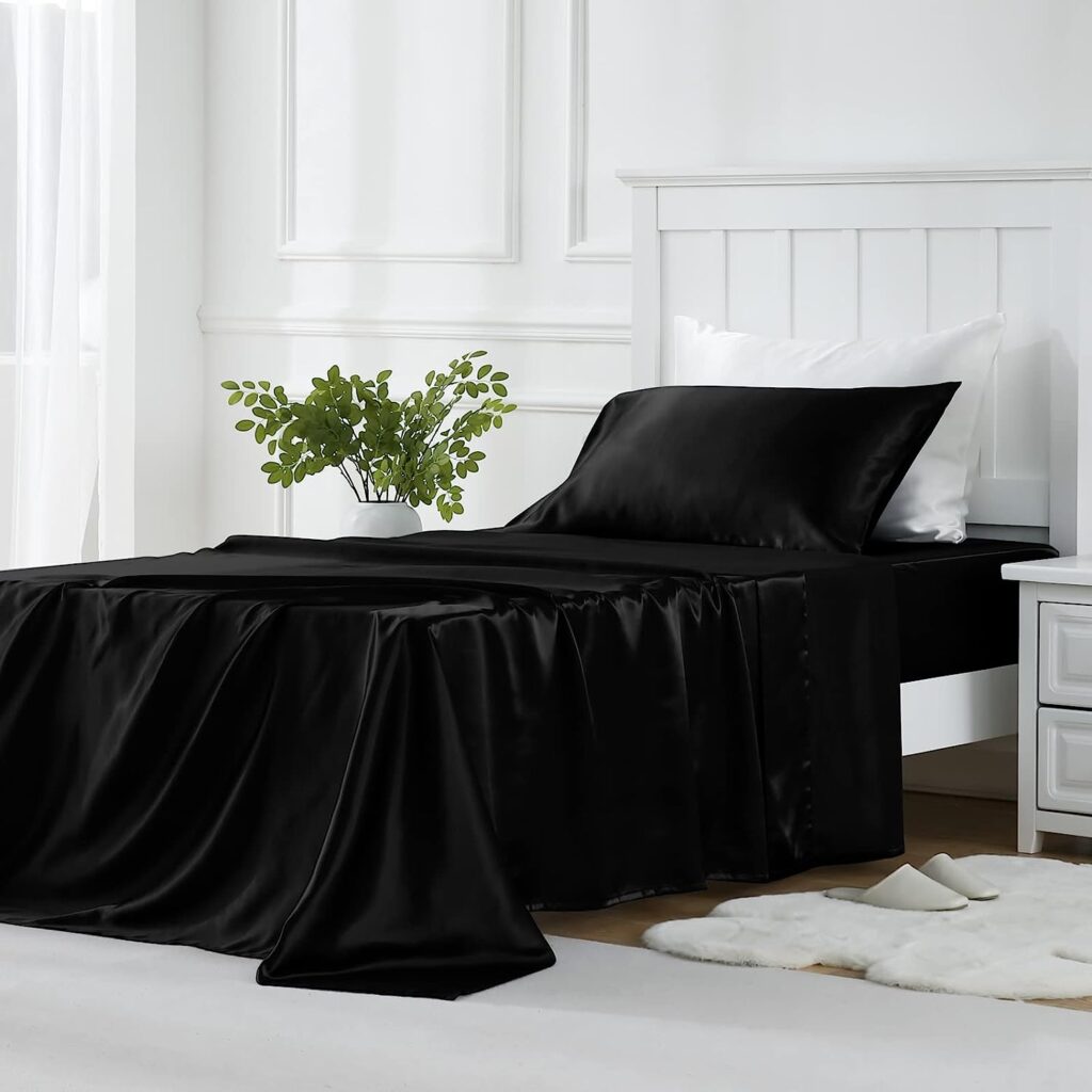 GOLAL Satin Sheets Twin XL Size - 3 Pieces Luxury Silky Soft Bed Sheets, Wrinkle-Free Black Satin Silk Sheet Set with 1 Deep Pocket Fitted Sheet, 1 Flat Sheet, 1 Pillow case