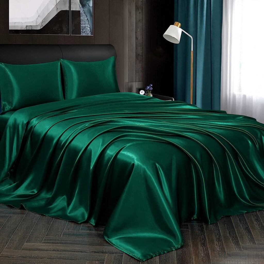 Homiest 4pcs Satin Sheets Set Luxury Silky Satin Bedding Set with Deep Pocket, 1 Fitted Sheet + 1 Flat Sheet + 2 Pillowcases (King Size, Blackish Green)