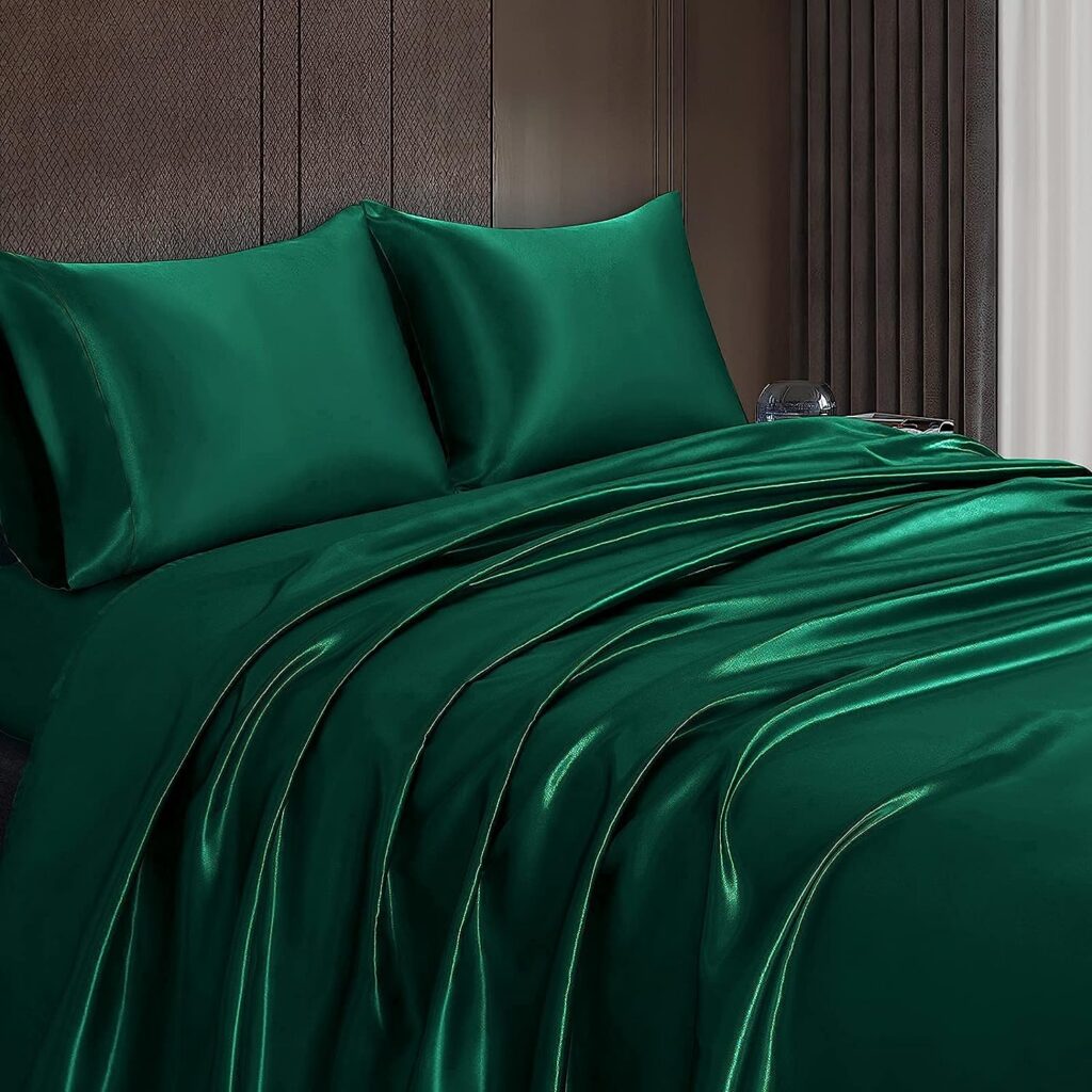 Homiest 4pcs Satin Sheets Set Luxury Silky Satin Bedding Set with Deep Pocket, 1 Fitted Sheet + 1 Flat Sheet + 2 Pillowcases (King Size, Blackish Green)