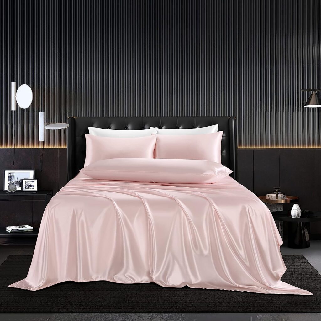 HommxJF 5Pcs Blush Pink Silk Sheets Full Satin Sheets Set Full Size Sheets Silky Breathable Luxury Bedding Sheets with 1 Satin Flat Sheet,1Deep Pocket Fitted Sheet,3 Pillowcases