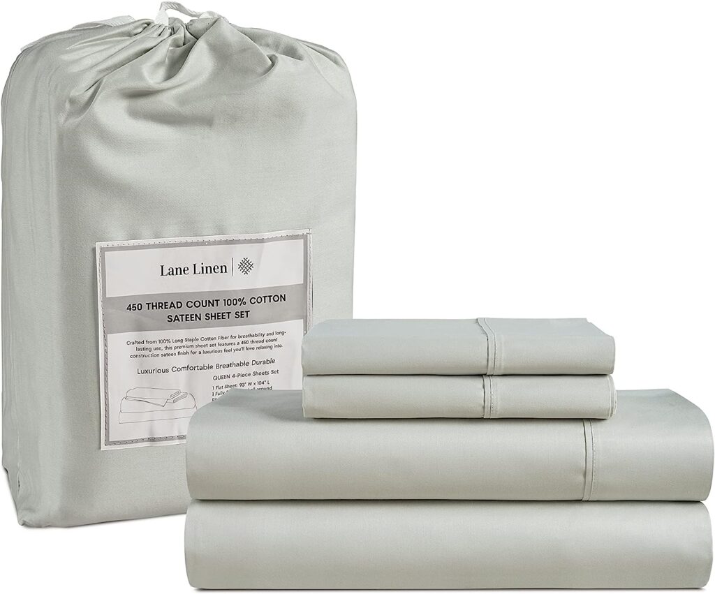 Lane Linen Queen Sheets Cotton, 4Pc Bed Sheets Queen Size, 450 Thread Count 100% Cotton Sheets, Cooling Sheets Queen Size,Soft, Breathable Bed Sheets Queen, Deep Pocket Queen Fitted Sheet - Moonstruck