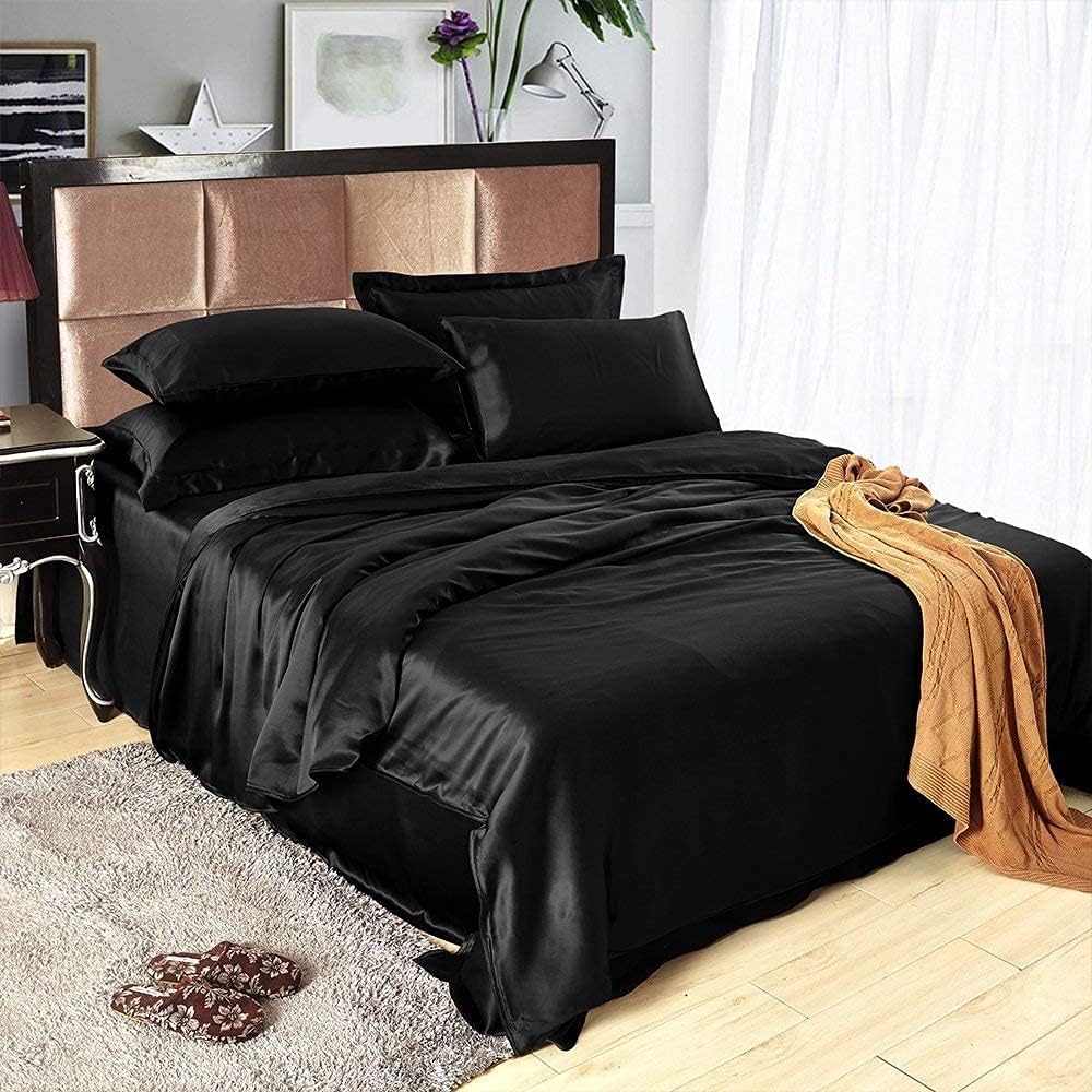 LilySilk 4PC Silk Fitted Sheet Set, 19 Momme Silk Bed Sheets, 1 Flat Sheet, 1 Fitted Sheet and 2 Oxford Silk Pillowcases, Silk Bedding Set 100% Top 6A Grade, Black, King Size