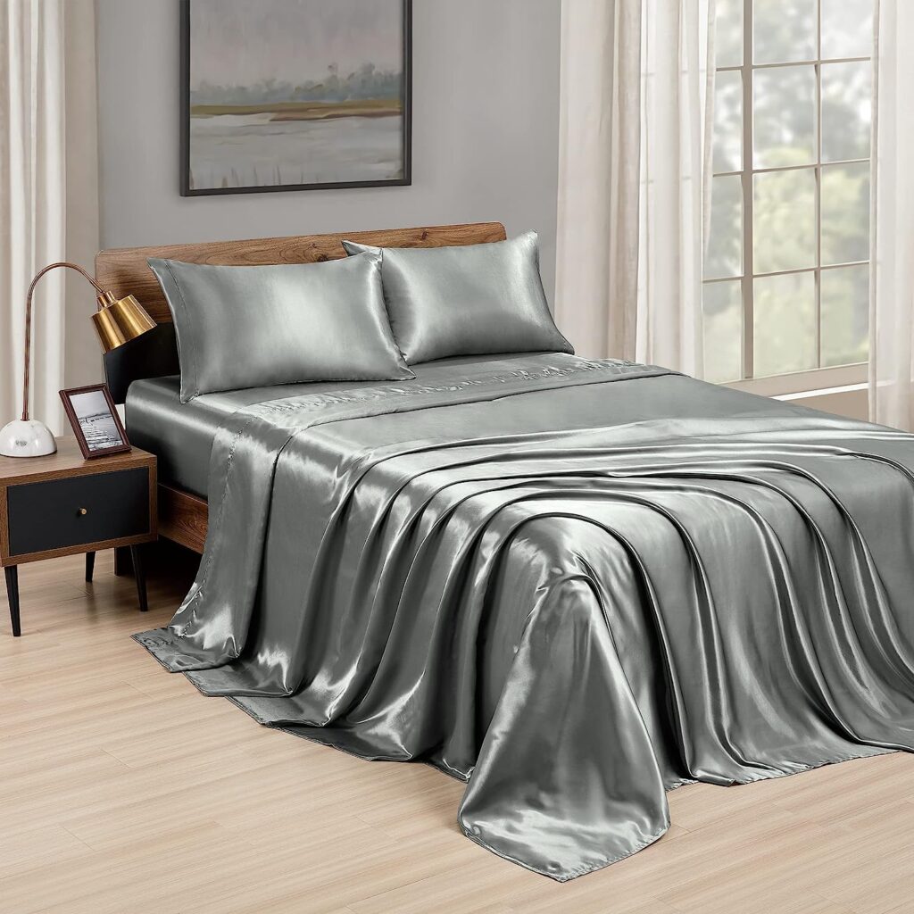 Loves cabin Satin Queen Sheets Set Dark Grey, Silky Satin Bed Sheets Queen Set with Deep Pocket, Luxury Silk Feel Satin Queen Size Sheet Set 4 Piece (1 Flat Sheet,1 Fitted Sheet,2 Pillow Cases)