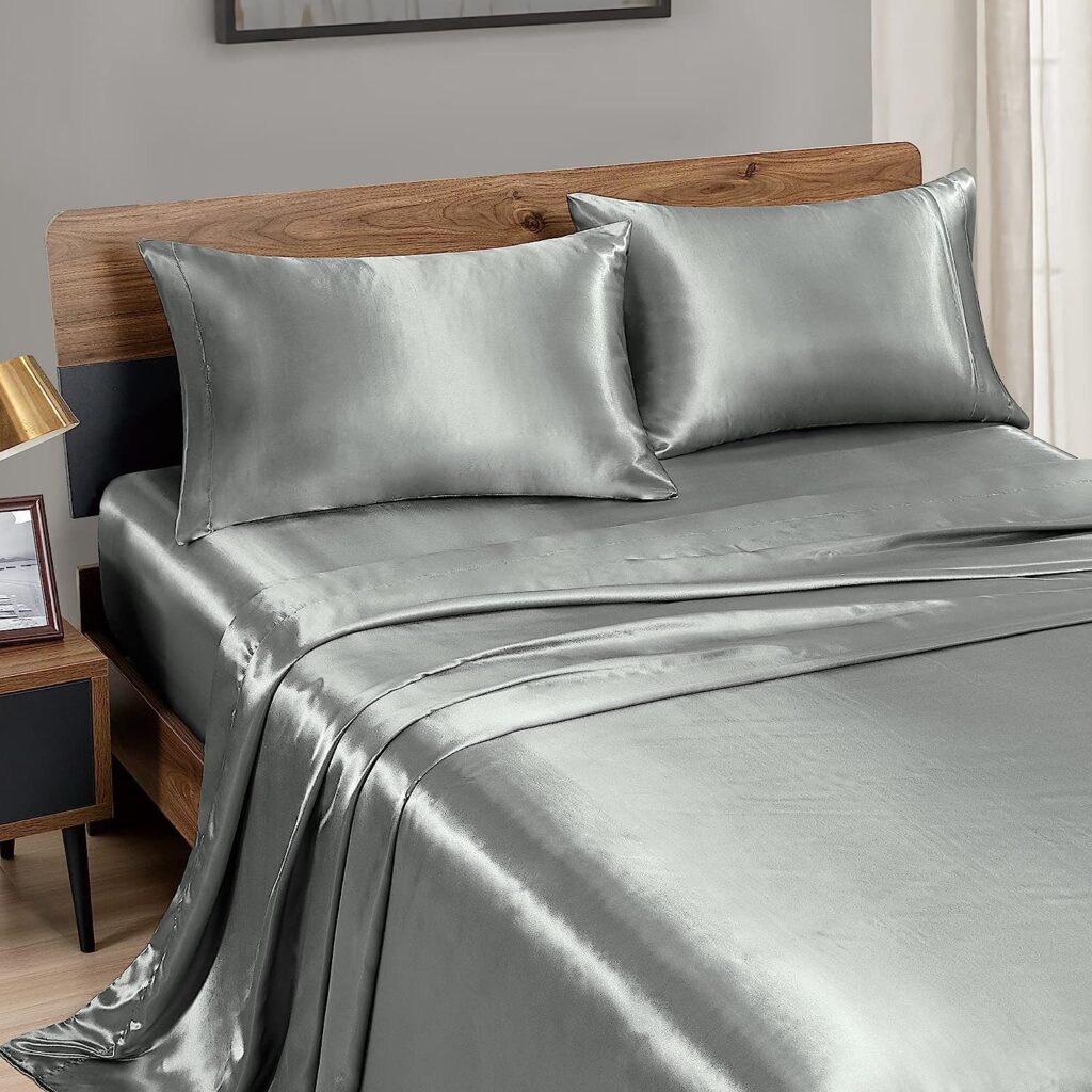 Loves cabin Satin Queen Sheets Set Dark Grey, Silky Satin Bed Sheets Queen Set with Deep Pocket, Luxury Silk Feel Satin Queen Size Sheet Set 4 Piece (1 Flat Sheet,1 Fitted Sheet,2 Pillow Cases)