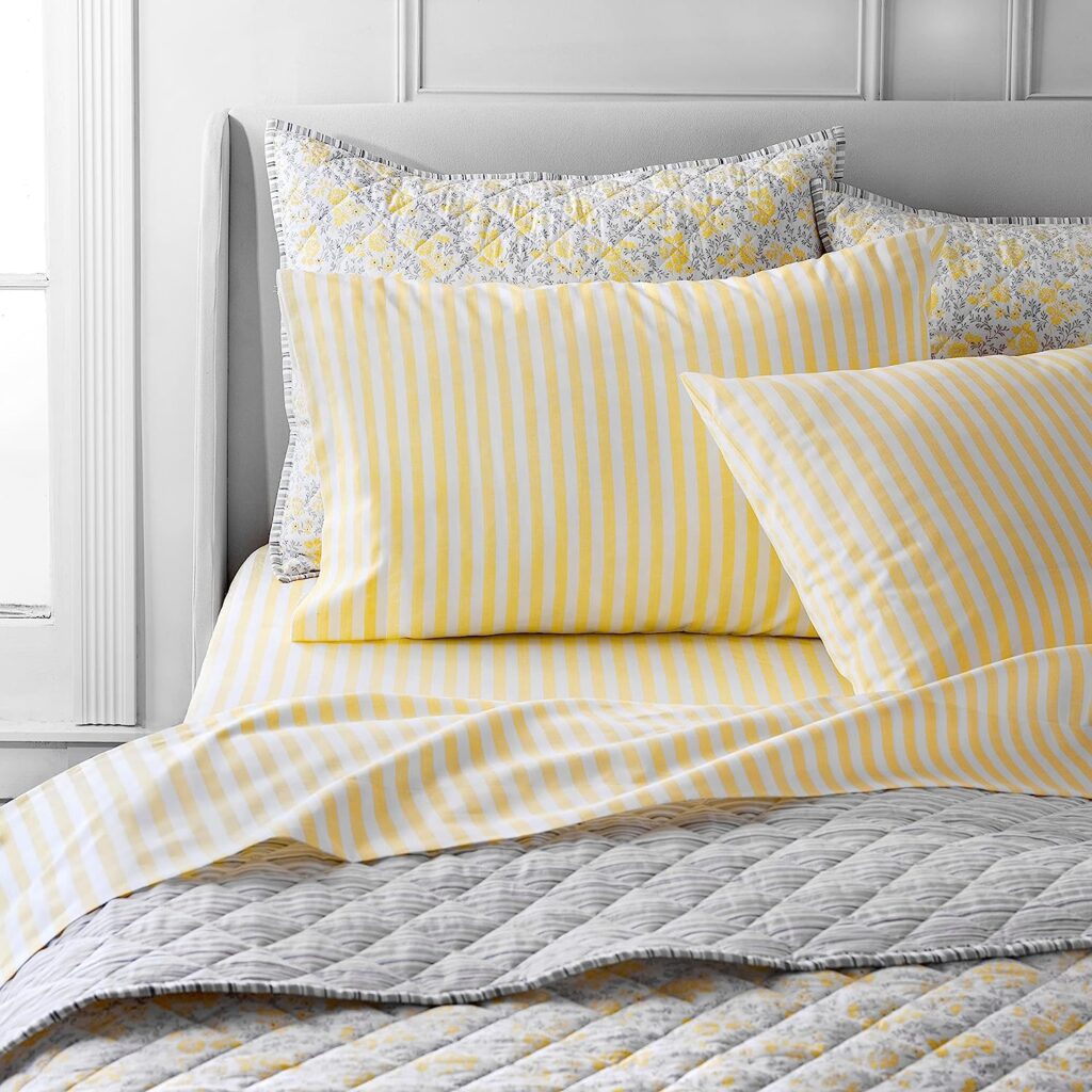 MARTHA STEWART Gilles Stripe Queen Sheet Set - 4 Piece | 100% Cotton | 300 Thread-Count, Wrinkle Resist, Smooth  Soft, Deep Pocket| 1 Flat, 1 Fitted, 2 Pillowcases | Popcorn Yellow