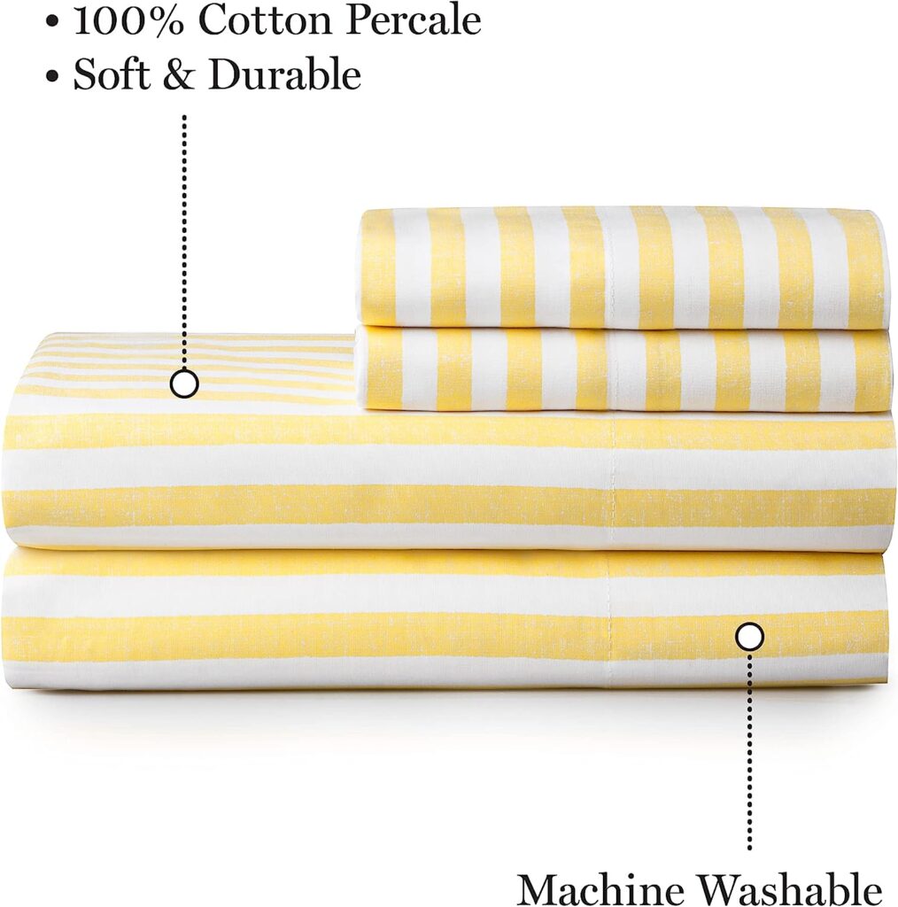 MARTHA STEWART Gilles Stripe Queen Sheet Set - 4 Piece | 100% Cotton | 300 Thread-Count, Wrinkle Resist, Smooth  Soft, Deep Pocket| 1 Flat, 1 Fitted, 2 Pillowcases | Popcorn Yellow