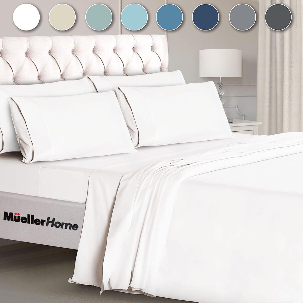 Mueller Ultratemp Full Size Bed Sheets Set, Super Soft 1800, 6 Piece Set, Deep Pocket up to 16, Transfers Heat, Breathes Better, Hypoallergenic, Wrinkle, White