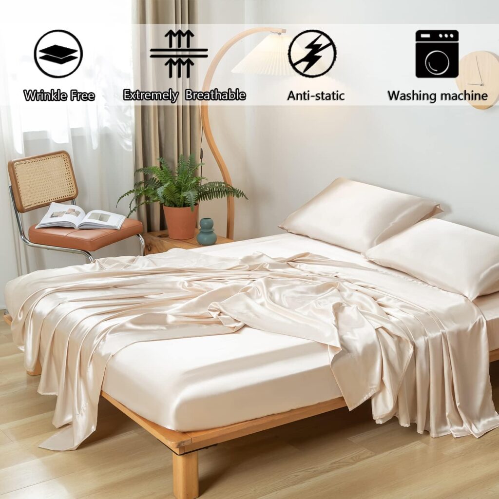 Revdomfly 4 Pcs Full Size Luxury Silky Soft Khaki Satin Sheet Set,1 Premium Moisture Wicking Fitted Sheet Fits Up to 16 Inches Deep Pocket + 1 Flat Sheet + 2 Pillowcasesï¼Khaki,Fullï¼