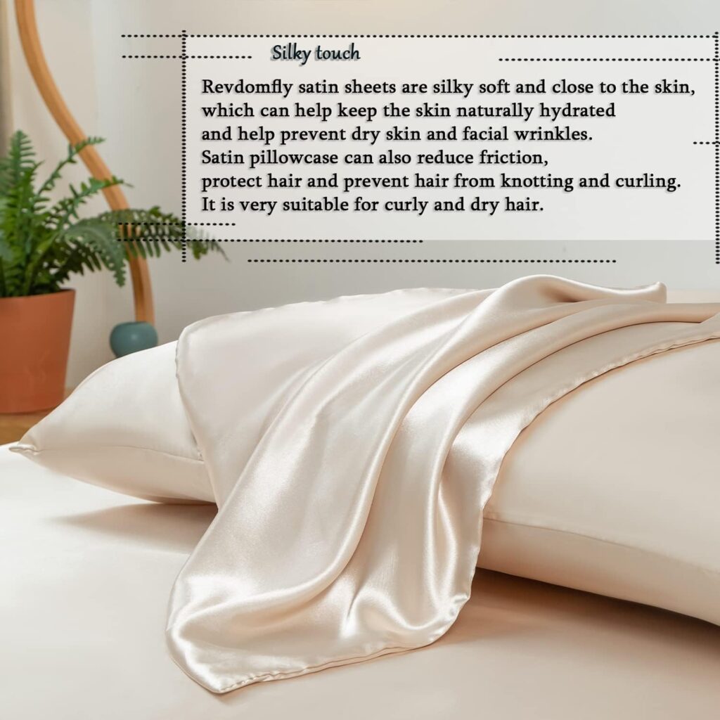 Revdomfly 4 Pcs Full Size Luxury Silky Soft Khaki Satin Sheet Set,1 Premium Moisture Wicking Fitted Sheet Fits Up to 16 Inches Deep Pocket + 1 Flat Sheet + 2 Pillowcasesï¼Khaki,Fullï¼