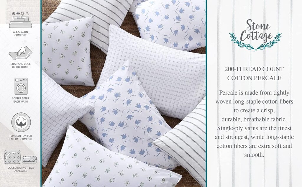 Stone Cottage - Queen Sheets, Cotton Percale Bedding Set, Crisp  Cool Home Decor (Blue Sketchy Ditsy, Queen)