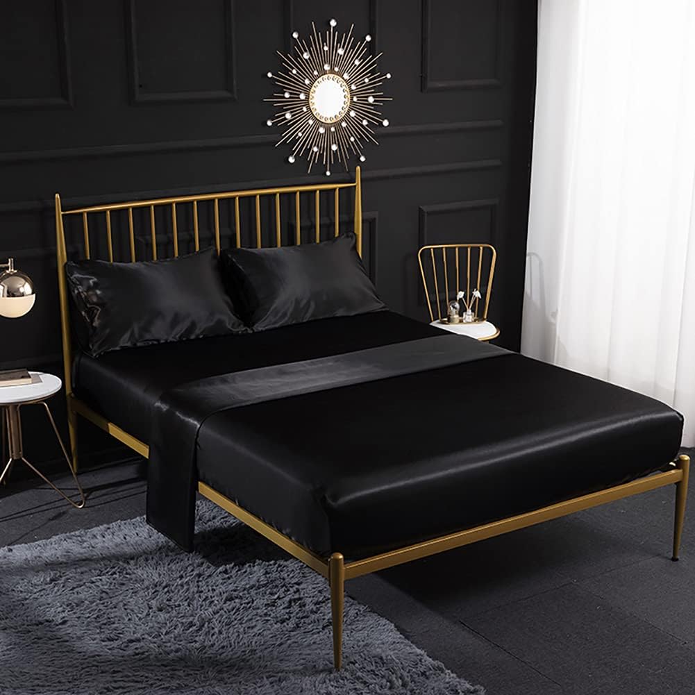 Thmyo Satin Bed Sheet Set,Extra Soft Deep Pocket Silky Satin Sheet Set with 1 Fitted Sheet +1 Flat Sheet + 2 Pillow Cases (4-Piece Black, Full)