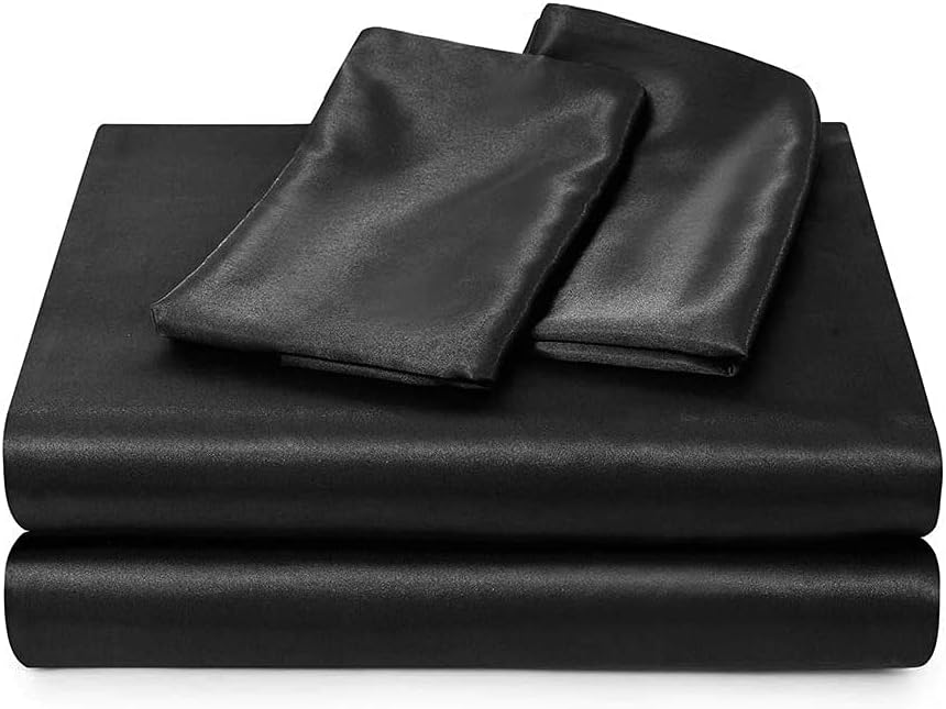 Thmyo Satin Bed Sheet Set,Extra Soft Deep Pocket Silky Satin Sheet Set with 1 Fitted Sheet +1 Flat Sheet + 2 Pillow Cases (4-Piece Black, Full)