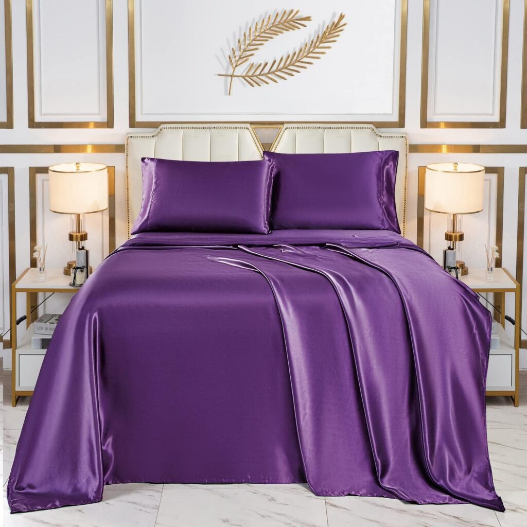 wavveUziz Satin Sheets Full Size Purple Satin Bed Sheet Set 16 Deep Pocket Silky Satin Sheet Set with 1 Fitted Sheet, 1 Flat Sheet and 2 Pillow Cases- Wrinkle, Fade, Stain Resistant- 4 Piece