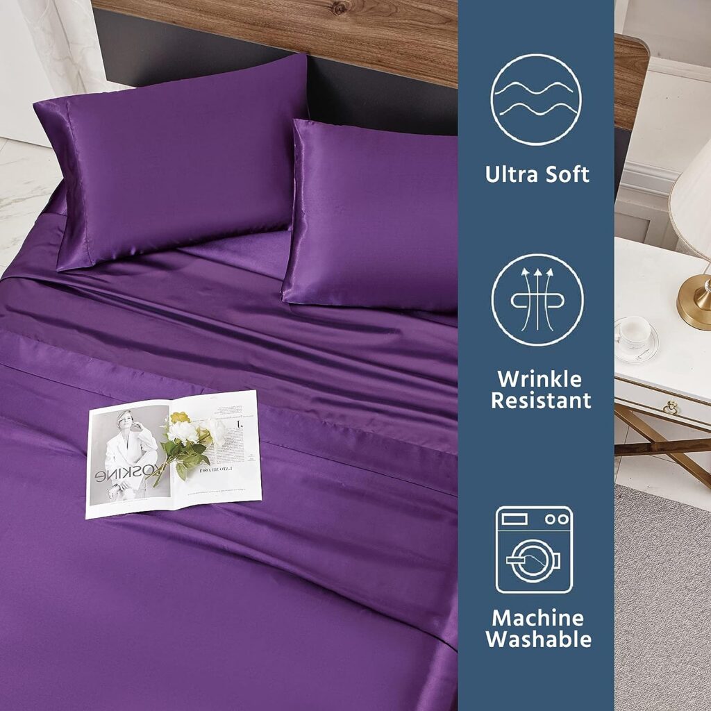 wavveUziz Satin Sheets Full Size Purple Satin Bed Sheet Set 16 Deep Pocket Silky Satin Sheet Set with 1 Fitted Sheet, 1 Flat Sheet and 2 Pillow Cases- Wrinkle, Fade, Stain Resistant- 4 Piece