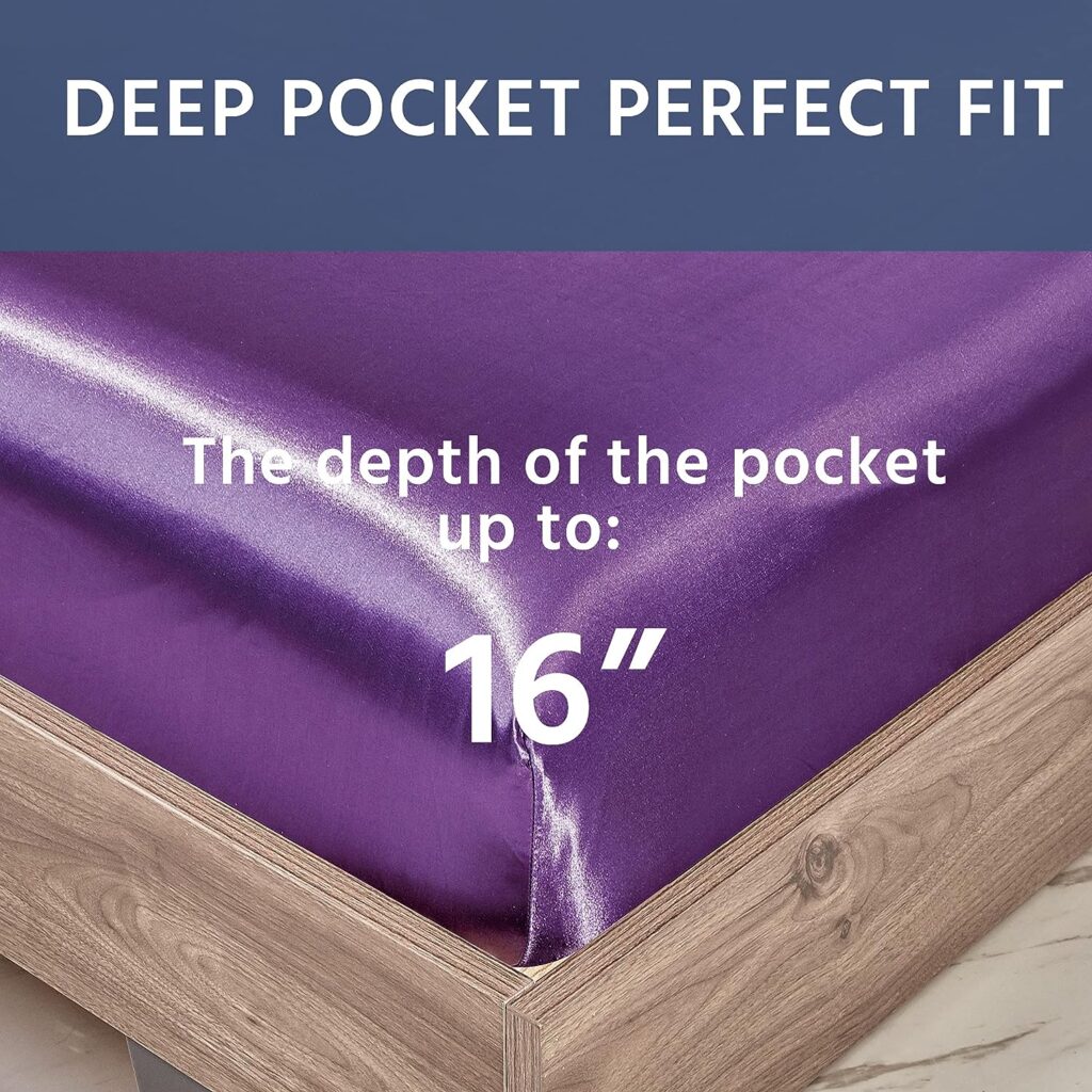 wavveUziz Satin Sheets Full Size Purple Satin Bed Sheet Set 16 Deep Pocket Silky Satin Sheet Set with 1 Fitted Sheet, 1 Flat Sheet and 2 Pillow Cases- Wrinkle, Fade, Stain Resistant- 4 Piece