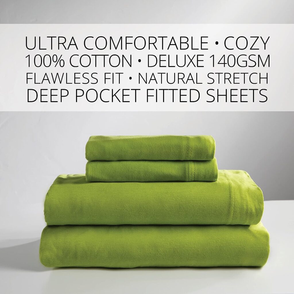 Baltic Linen Linen Jersey Cotton Sheet Set, Queen, Lime Green, 4 Piece