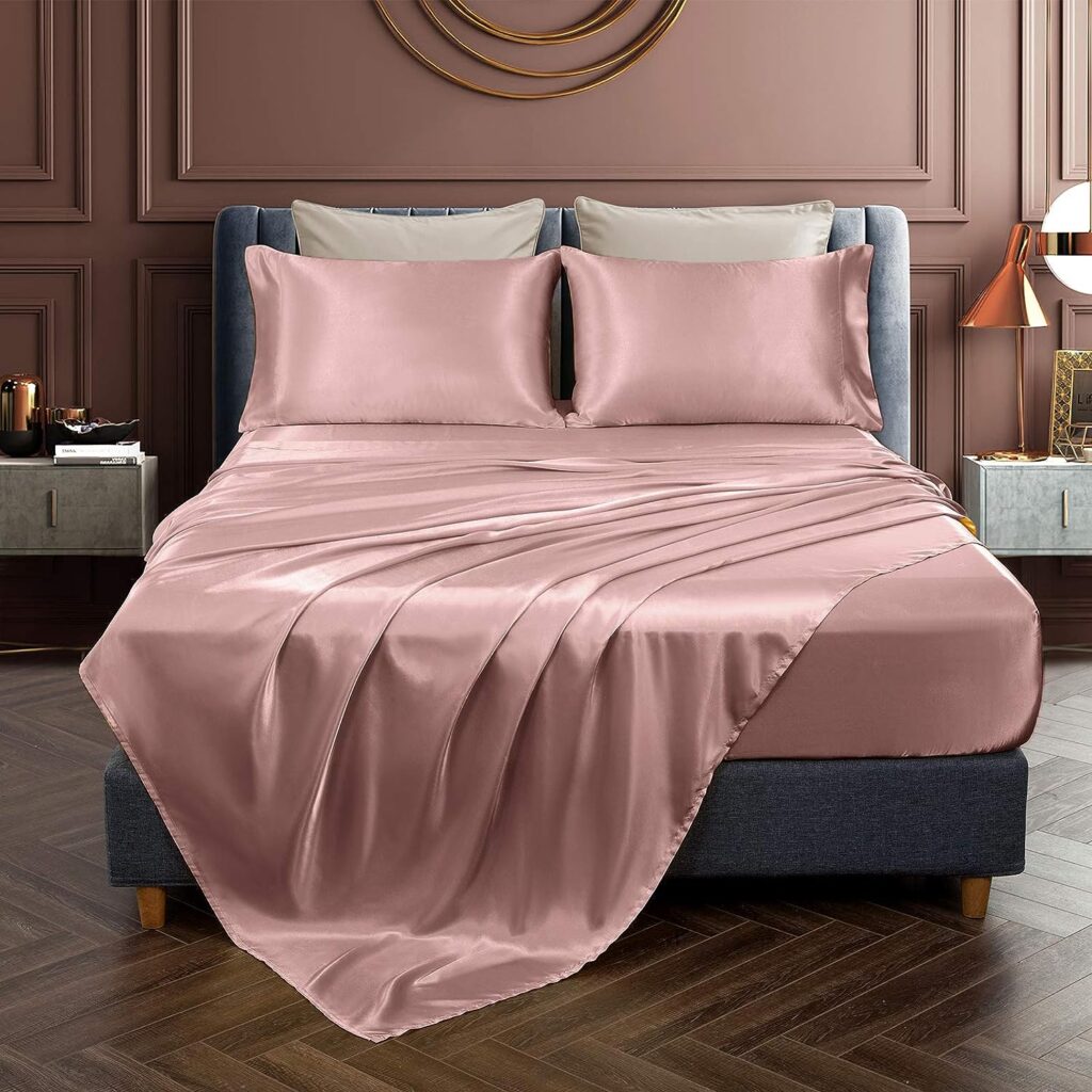 Chvonttow 4 Piece Satin Sheets Queen Size Luxury Silky Satin Bed Sheets Set, Wrinkle, Fade, Stain Resistant, 1 Deep Pocket Fitted Sheet + 1 Flat Sheet + 2 Pillowcases (Champagne)