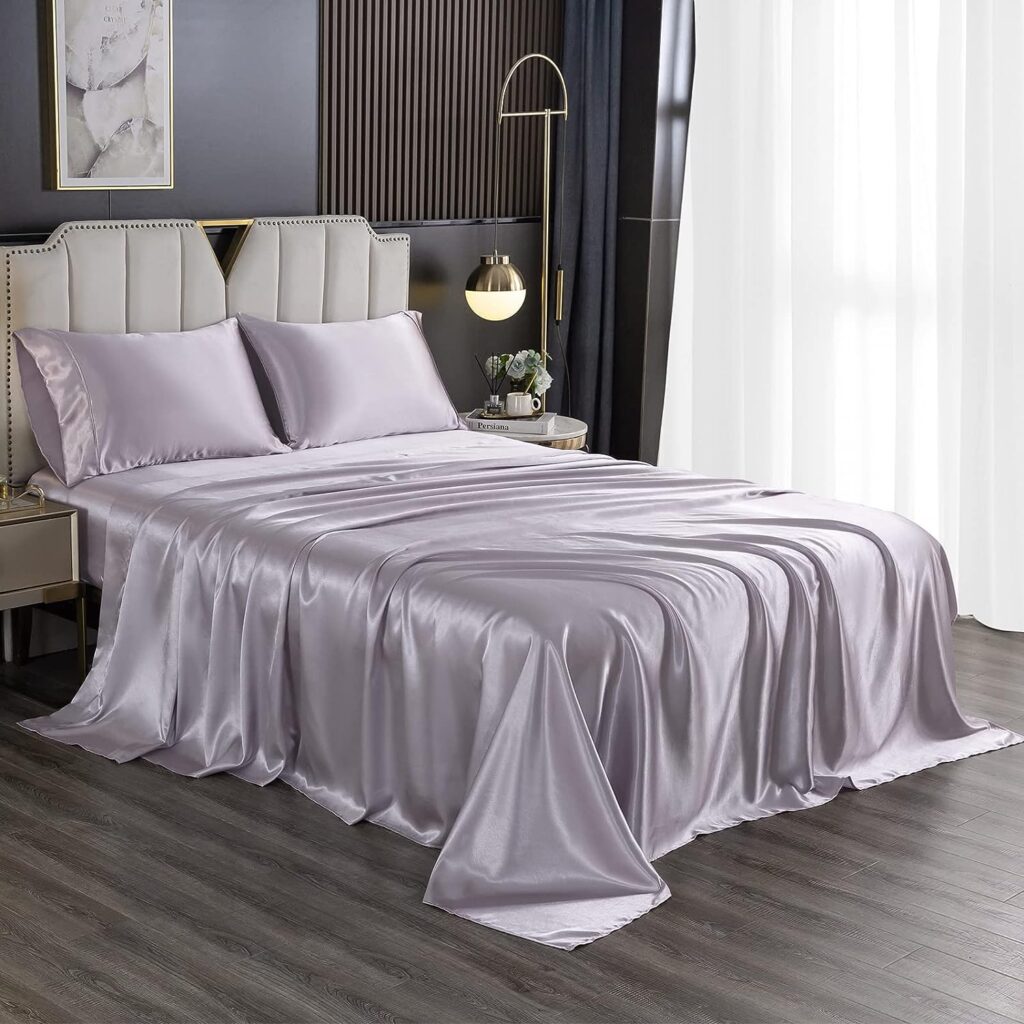 HENGWEI King Silk Sheet 4 Pcs Satin Bed Sheets, Cooling Sheets Set with Silky Microfiber, Wrinkle, Fade, Stain Resistant - Deep Pocket Satin Sheets, Grayish Purple