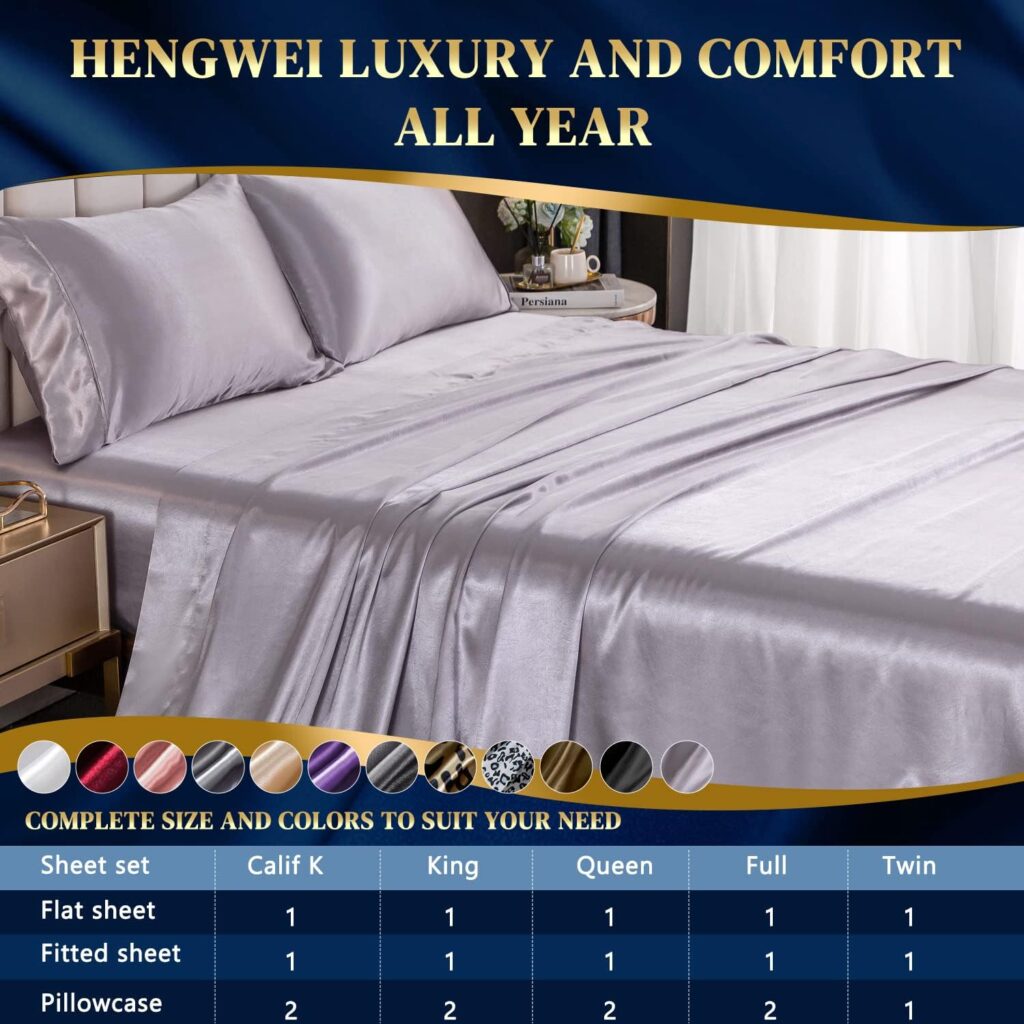 HENGWEI King Silk Sheet 4 Pcs Satin Bed Sheets, Cooling Sheets Set with Silky Microfiber, Wrinkle, Fade, Stain Resistant - Deep Pocket Satin Sheets, Grayish Purple