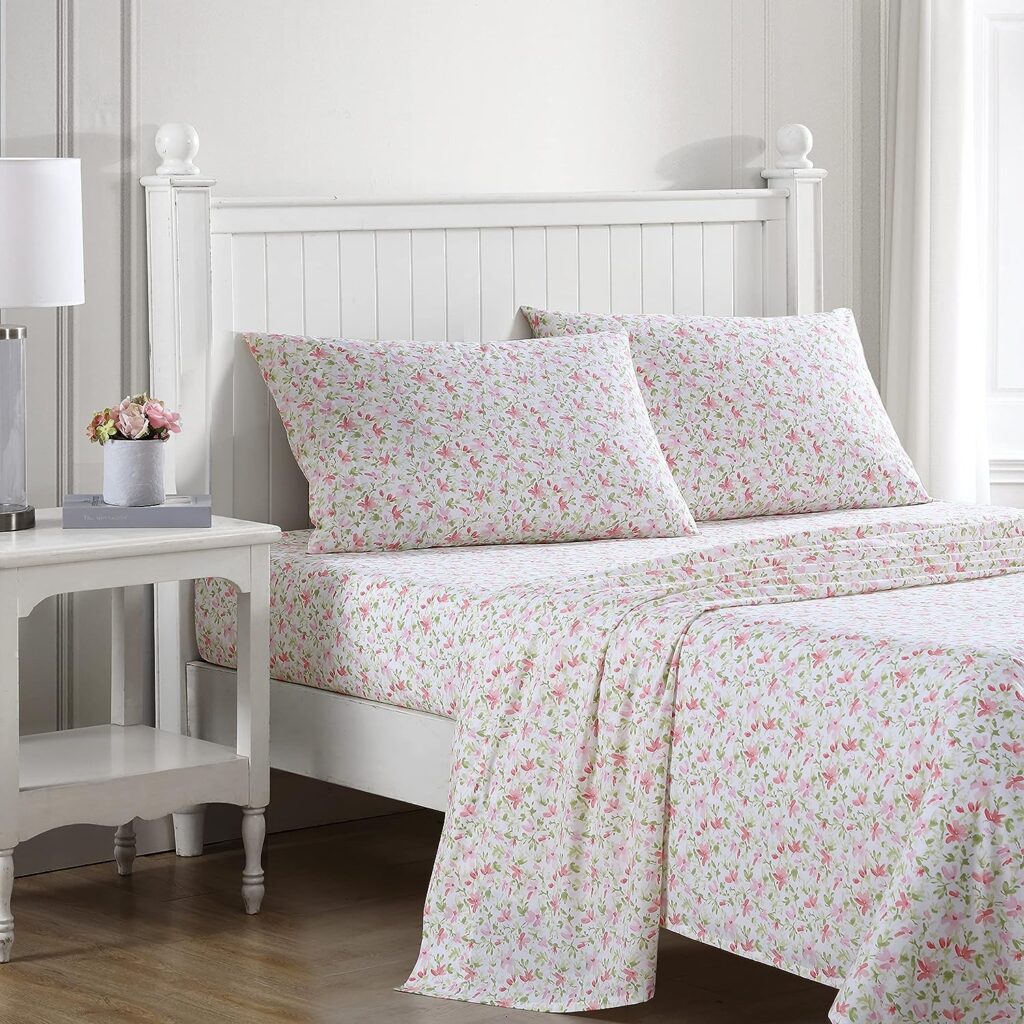 Laura Ashley - Twin Sheets, Cotton Percale Bedding Set, Crisp  Cool Home Decor (Norella Pink, Twin)