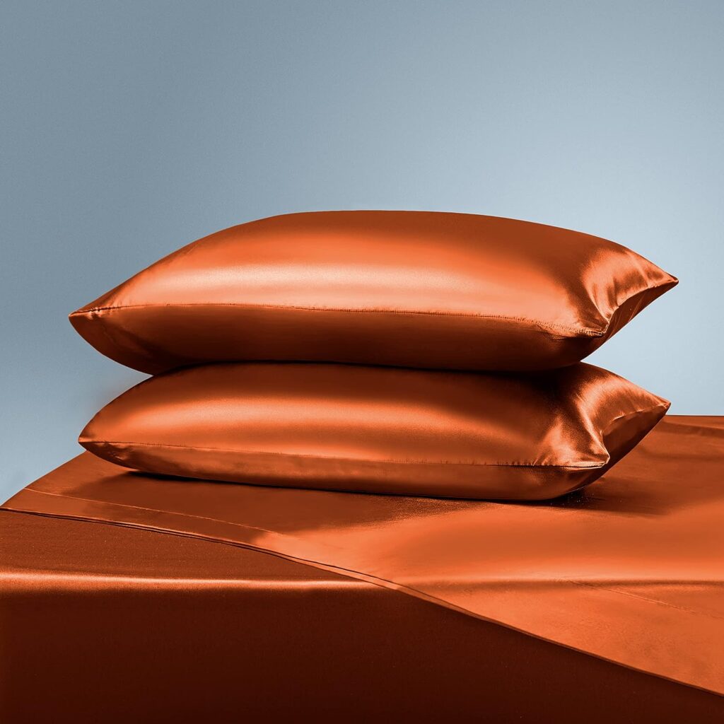 Manyshofu Satin Queen Sheets Set 4 Piece - Soft Silky Satin Sheets Set, Rust Orange Satin Bed Sheets Cooling  Luxury Bedding Sheet Set(1 Satin Fitted Sheet, 1 Satin Flat Sheet, 2 Satin Pillow Cases)