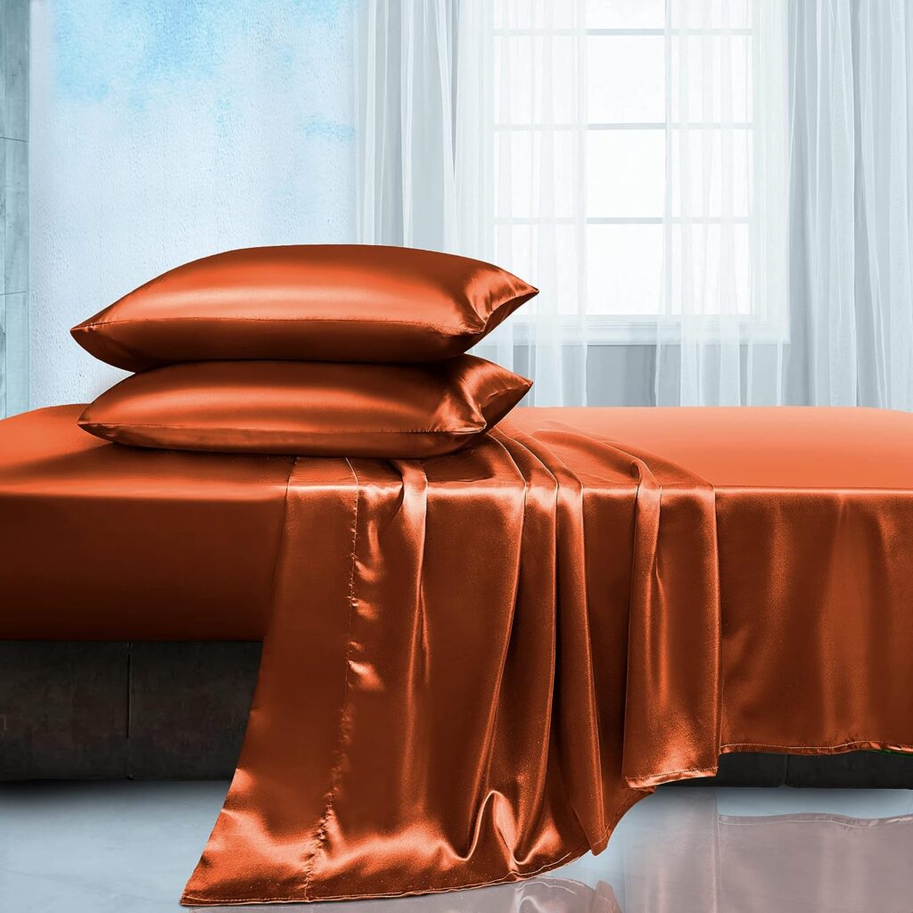 Manyshofu Satin Queen Sheets Set 4 Piece - Soft Silky Satin Sheets Set, Rust Orange Satin Bed Sheets Cooling  Luxury Bedding Sheet Set(1 Satin Fitted Sheet, 1 Satin Flat Sheet, 2 Satin Pillow Cases)