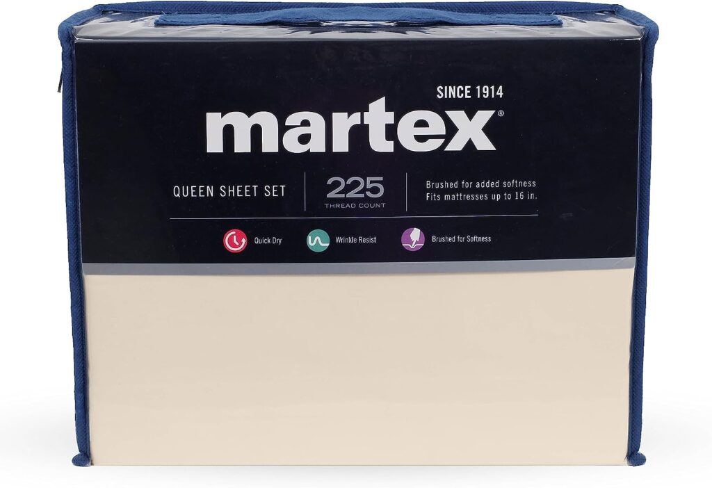 Martex 225 Thread Count 100% Cotton Rich 4 Piece Queen Bed Sheet Set - Queen Sheet Set - 1 Fitted Sheet, 1 Flat Sheet, 2 Pillow case - Hotel Quality - Super Soft - Ivory Sheet Set (Queen, Ivory)