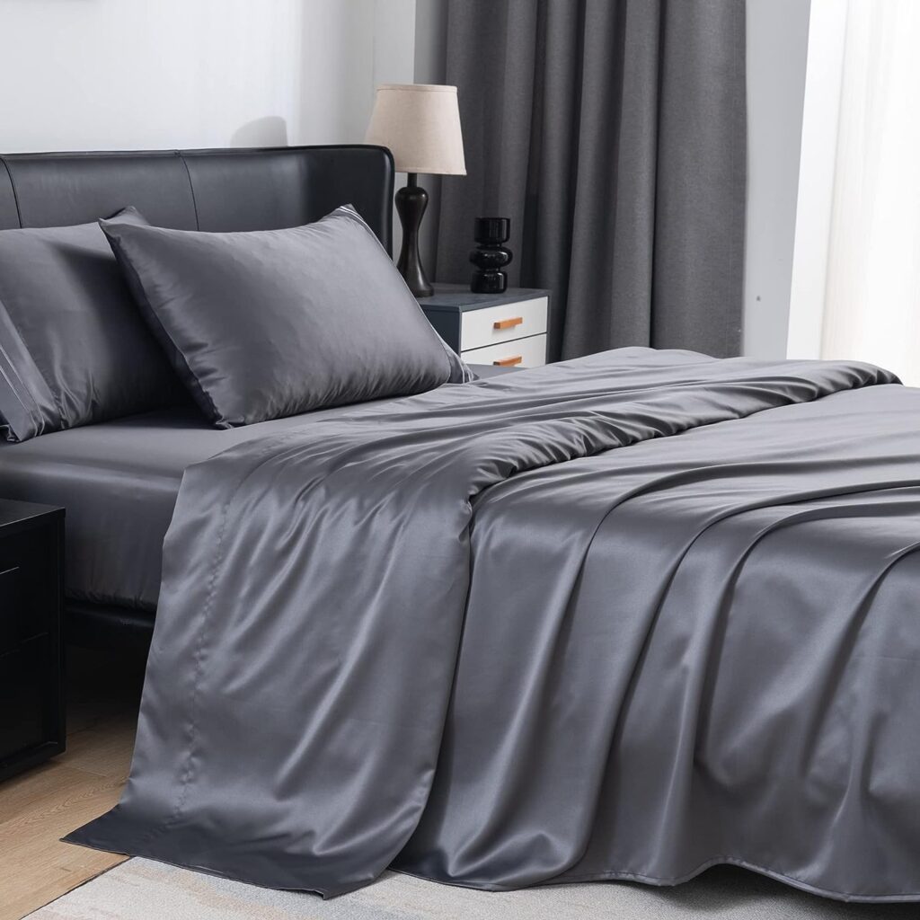 MISERRO Queen Sheets - 100% Sateen Bed Sheets Set - 4pc Silk Like Cooling Sheets for Queen Size Bed - 18 Deep Pocket (Queen, Darkgrey)