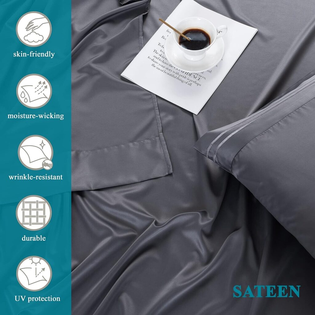 MISERRO Queen Sheets - 100% Sateen Bed Sheets Set - 4pc Silk Like Cooling Sheets for Queen Size Bed - 18 Deep Pocket (Queen, Darkgrey)