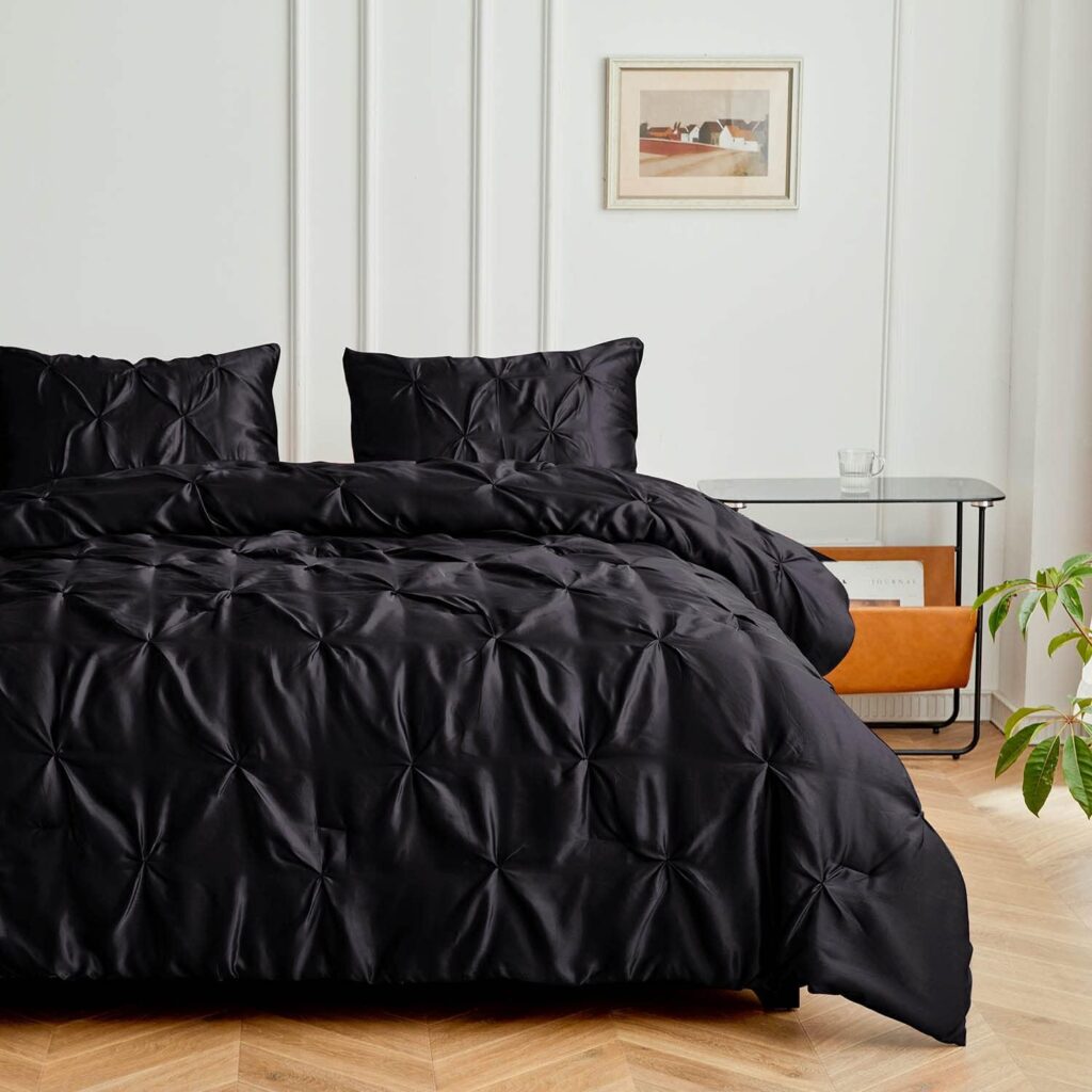 MRHM Satin Comforter Queen Set 3pcs, Pintuck Beddding Sets with Comforter and 2 Pillow Shams, Soft Fluffy Silky Comforter for All Season (Queen, Black)