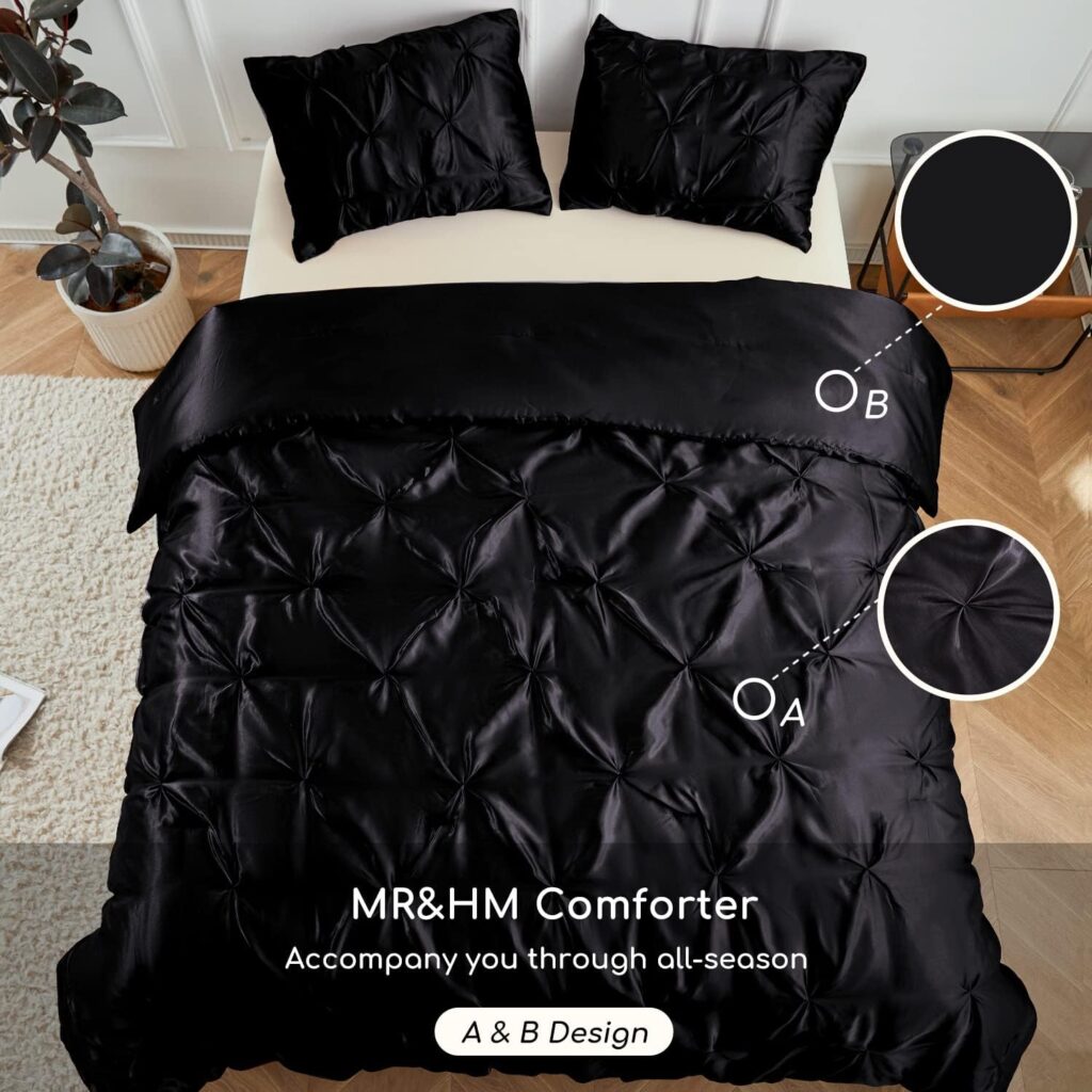 MRHM Satin Comforter Queen Set 3pcs, Pintuck Beddding Sets with Comforter and 2 Pillow Shams, Soft Fluffy Silky Comforter for All Season (Queen, Black)