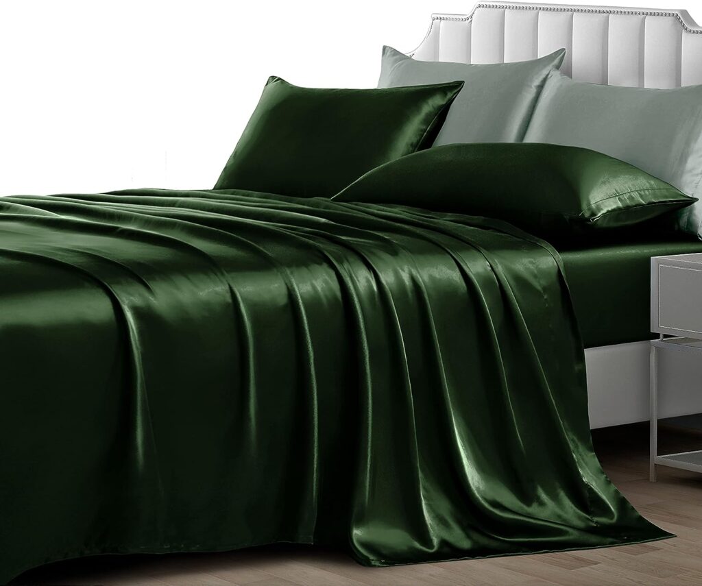 NSGZ 3 Pieces Satin Sheets Twin XL, Silky Satin Sheet Sets with 1 Fitted Sheet, 1 Flat Sheet and 1 Pillowcases, Cooling Bed Sheet, Extra Soft Satin Fitted Sheet, Dark Green