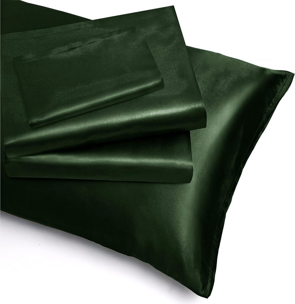 NSGZ 3 Pieces Satin Sheets Twin XL, Silky Satin Sheet Sets with 1 Fitted Sheet, 1 Flat Sheet and 1 Pillowcases, Cooling Bed Sheet, Extra Soft Satin Fitted Sheet, Dark Green