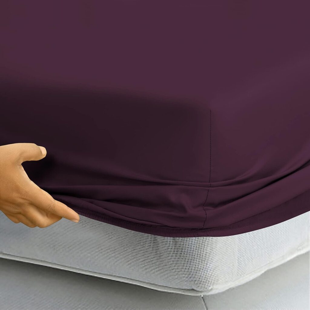 Royale Linens 400 Thread Count 100% Cotton Sateen Fitted Sheet -Soft Wrinkle  Fade Resistant - Bottom Sheet - Deep Pocket Stretches Up to 16 - Fitted Sheet Only - Elastic Sheet (Full, Desert Purple)