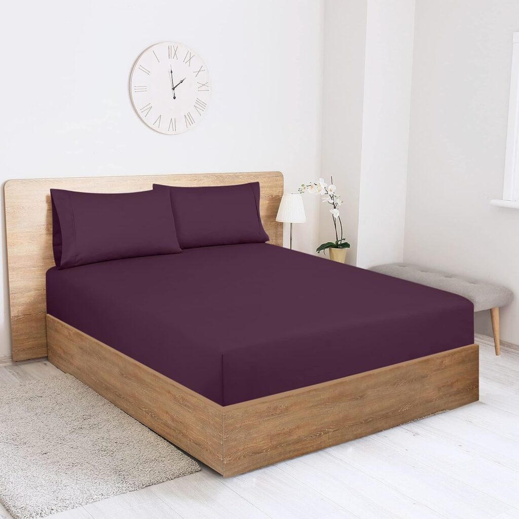 Royale Linens 400 Thread Count 100% Cotton Sateen Fitted Sheet -Soft Wrinkle  Fade Resistant - Bottom Sheet - Deep Pocket Stretches Up to 16 - Fitted Sheet Only - Elastic Sheet (Full, Desert Purple)